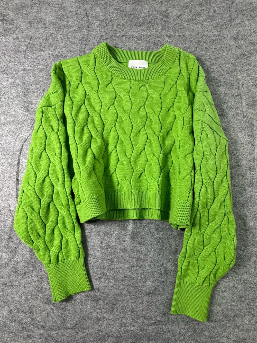 Pink Rose Lime Green Cable-Knit Cropped Crewneck Sweater